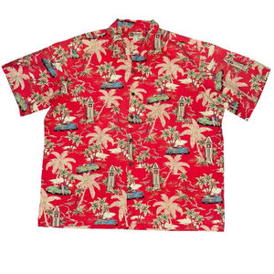 Men's Hilo Hattie Hawaiian Shirt 3XL Red Palm Tree Surf Classic Car Print